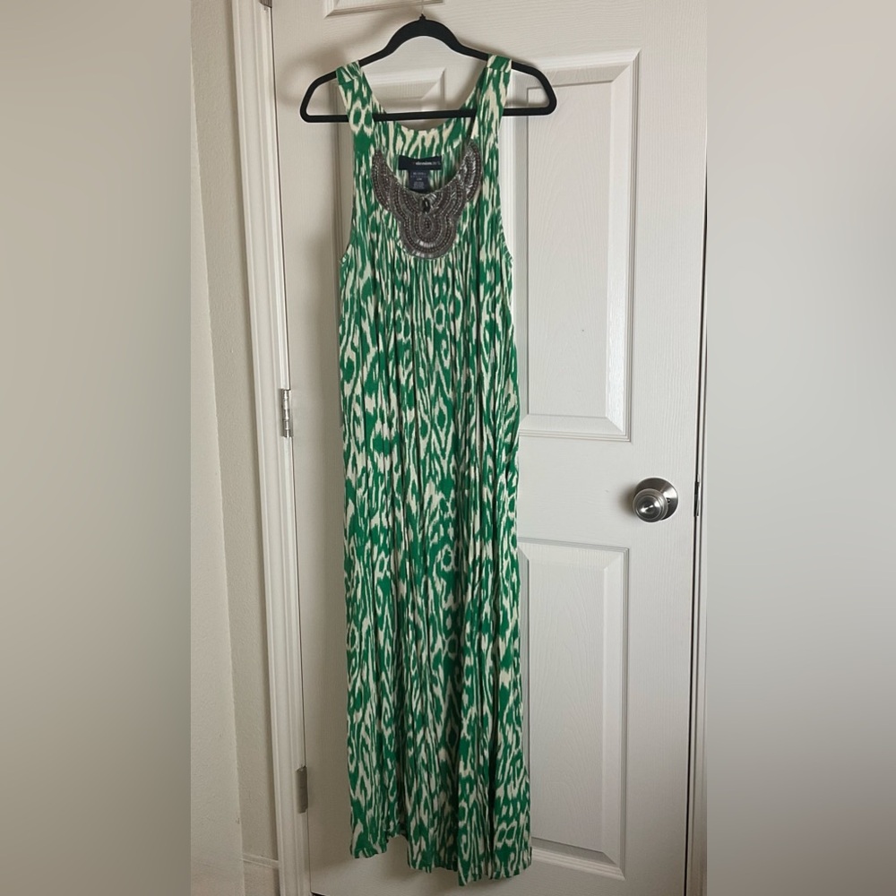 Denim 24/7 Boho Green Ikat Maxi Dress Beaded Neckline 22W - Picture 2 of 10